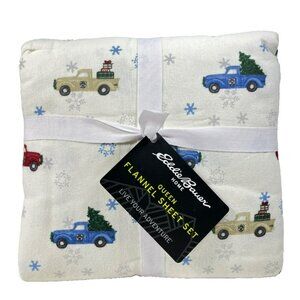 Eddie Bauer Queen Flannel Sheet Set Winter Outing Trucks With Trees Print